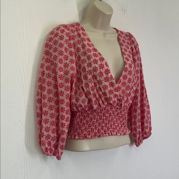 Zara - NWT Floral Print V Neck Smocked Waistband Quarter Sleeve Blouse Small - Picture 3 of 11
